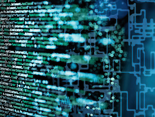 Programming code with abstract technical background in blue