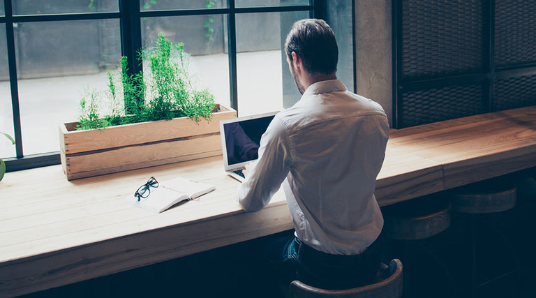 Rear view of a journalist stylish guy writing a story in a workplace in loft styled coworking, well dressed, sitting near window with view of garden